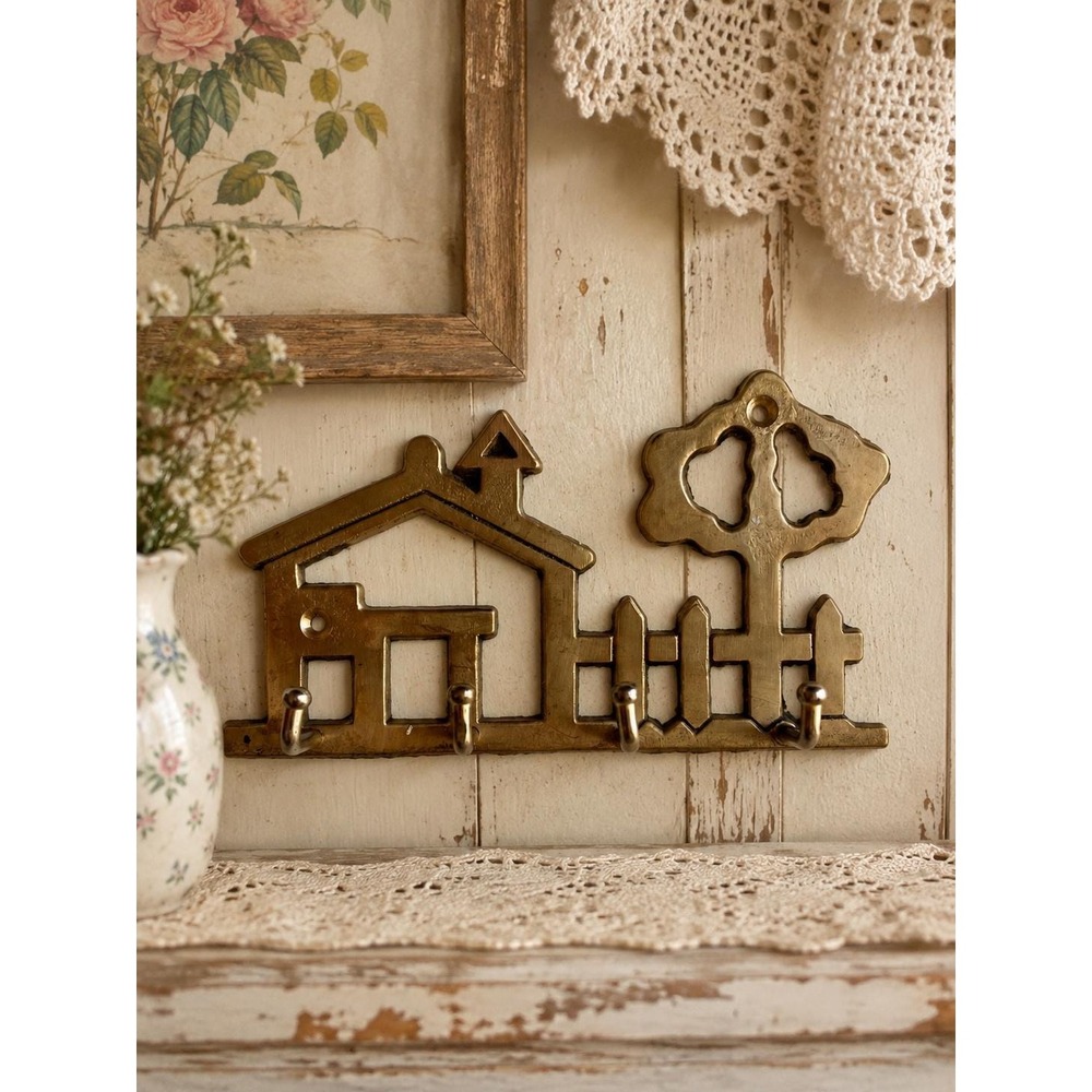 Vintage Solid Brass Cottage Key Holder Wall Hook, House Fence Tree Design